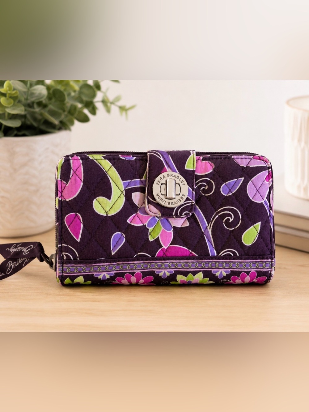 VERA BRADLEY Floral Zippered Wallet, 7.5” X 5”.